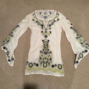 Free People Ivory Floral Embroidered Flared Sleeve Tunic Top/ Mini Dress
